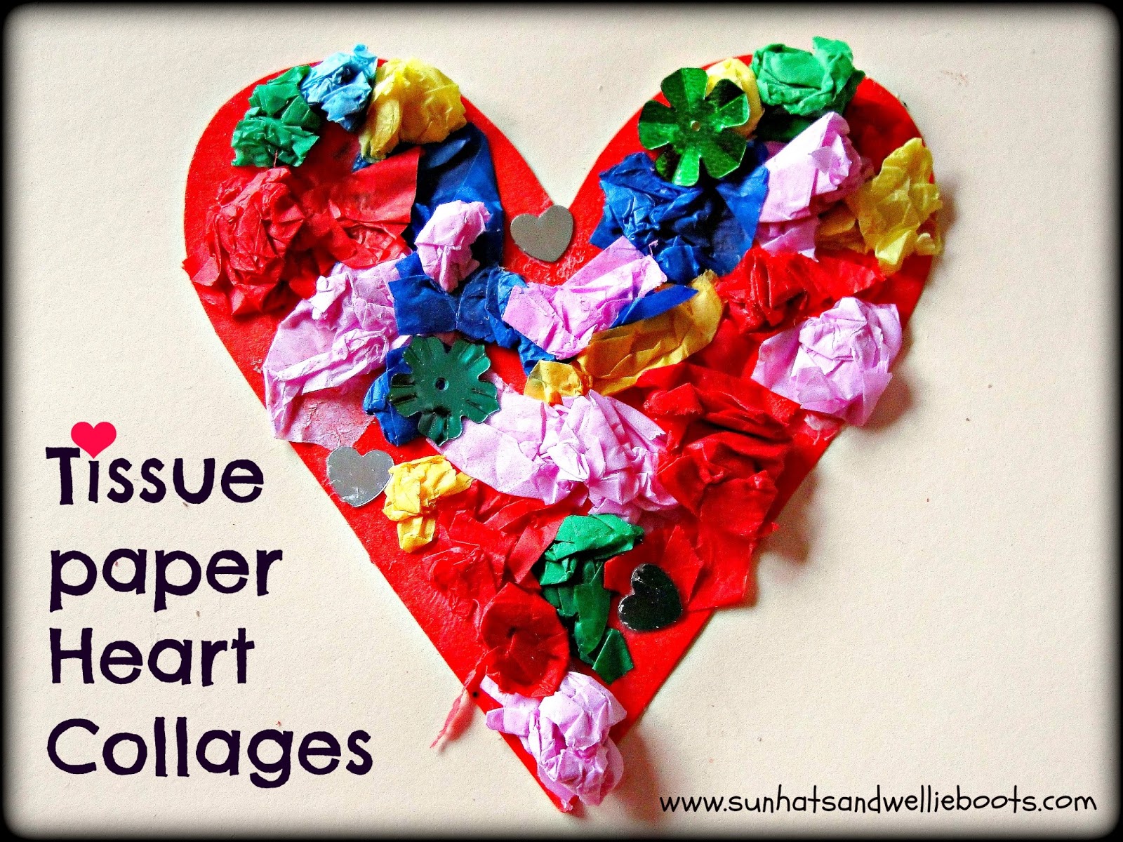 Sun Hats & Wellie Boots: Tissue Paper Heart Collage Card for Valentine's Day